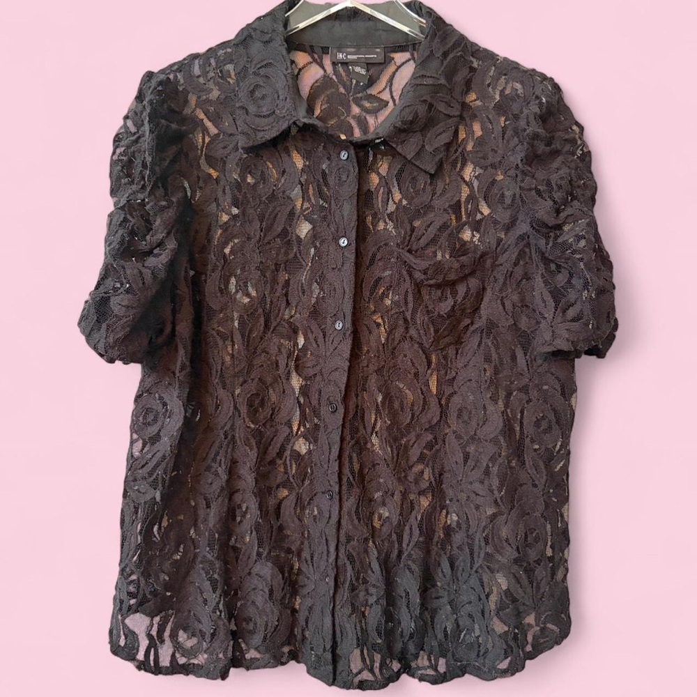 1990s Sheer Black Lace Buttondown Blouse